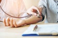 Doctor Measuring arterial blood pressure woman patient on right