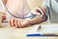 Doctor Measuring arterial blood pressure woman patient on right Royalty Free Stock Photo