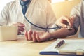 Doctor Measuring arterial blood pressure woman patient on arm He