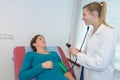 Doctor measuring blood pressure pregnant woman in clinic