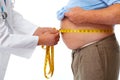 Doctor measuring obese man stomach.