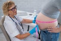 Doctor measuring the volume of a pregnant woman& x27;s abdomen using a tape in inches.