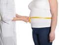 Doctor measuring waist of overweight woman on white, closeup