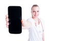 Doctor or medic female presenting blank screen mobile phone Royalty Free Stock Photo