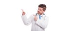 Doctor or medic pointing up with index finger