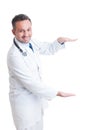 Doctor or medic presenting blank advetising area