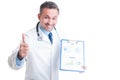 Doctor or medic showing medicine sales and financial prediction Royalty Free Stock Photo