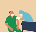 Doctor in medical face mask getting Covid-19 or flu vaccine by professional nurse at the hospital.