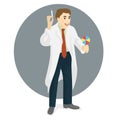 Doctor in medical gown with syringe and candy in hands, flat des Royalty Free Stock Photo