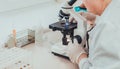 A doctor in a medical laboratory checking blood samples with a microscope Royalty Free Stock Photo