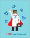 Doctor in medical mask and white coat has a superhero cloak