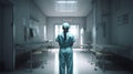 Doctor medical worker stands in the corridor in the hospital medical view from the back. AI generated