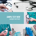 Doctor, medication, treatment and copy space for text - medical collage