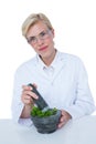 Doctor mixing herbs with mortar and pestle Royalty Free Stock Photo