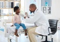 Doctor, mouth of child and black man helping little girl in checkup or consultation at a hospital. Medical male expert