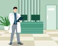 Doctor near receptionist table in medical clinic, vector illustration