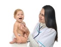 Doctor or nurse auscultating child baby patient heart with stethoscope physical therapy Royalty Free Stock Photo