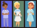 Doctor nurse character vector brochure medical woman staff flat design hospital team people doctorate illustration.