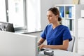 Doctor or nurse with computer working at hospital Royalty Free Stock Photo