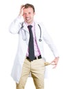 Doctor,nurse or dentist with black tie, and stethoscope, pulling out empty pocket showing he is broke