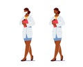 Doctor or Nurse Female Character Physician in White Robe with Clip Board Wear Medical Mask. Clinic, Hospital Staff Work