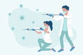 Doctor and nurse with giant syringe as a weapon fighting with coronavirus.