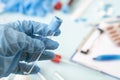 A doctor or nurse holds a test tube to send it to the lab for a blood test. Royalty Free Stock Photo