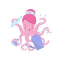 Doctor or nurse octopus with medical items in tentacles. Cartoon character of cute marine animal. Flat vector icon Royalty Free Stock Photo