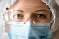 Doctor or nurse in professional suit due to COVID-19 coronavirus close-up Royalty Free Stock Photo