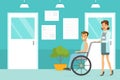 Doctor or Nurse Pushing Disabled Patient in Wheelchair in Medical Clinic, Medicine, Healthcare Concept Cartoon Vector Royalty Free Stock Photo