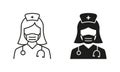 Doctor and Nurse Symbol Collection. Professional Doctor with Stethoscope in Face Mask Line and Silhouette Black Icon Set