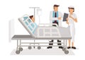 Doctor and nurse with tablet computer visiting patient man at hospital ward. Medicare concept