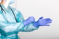 Doctor, nurse wearing protection Suit for Fighting Covid-19 Coronavirus with white background. Medical worker wearing protective