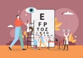 Doctor oculist testing patient eyesight pointing at eye chart symbols, vector flat illustration