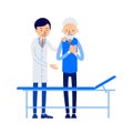 Doctor offers to lie down on medical couch. Elderly man is holding on to sick heart. Doctor serves patient. Illustration