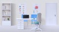 Doctor office interior. Realistic 3D empty clinic cabinet with work desk, computer, room furniture and medical posters Royalty Free Stock Photo