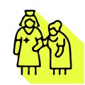 Doctor with old patient flat line icon. Nurse helping grandmother walk vector illustration Royalty Free Stock Photo