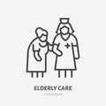 Doctor with old patient flat line icon. Nurse helping grandmother walk vector illustration. Thin sign of elderly care