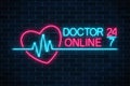 Doctor online glowing neon logo on dark brick wall background. Mobile medicine round the clock 24 7 app.