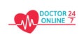 Doctor online logo on white background. Mobile medicine round the clock 24 7 app. Neon doctors mobile app sign.