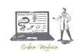 Doctor, online, medicine, laptop, service concept. Hand drawn isolated vector.