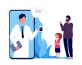 Doctor online. Sick girl, father and nurse by video link. Remote treatment, medical consultation vector illustration