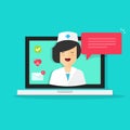 Doctor online vector illustration, flat cartoon woman doctor answers on laptop on-line video technology, remote medical