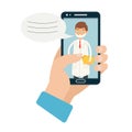 Doctor online vector illustration. Hand holding smartphone with medical assistance and doctor consultation online Royalty Free Stock Photo