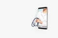 Doctor online, virtual hospital, medical communication concept with blank white backdrop, person in medical gown with stethoscope