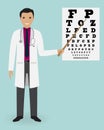 Doctor ophtalmologist points to the vision test table by pointer. Hospital staff. Doctor specialization concept.