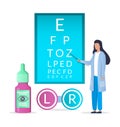 Doctor ophthalmologist eyesight check up, contact lenses, vector illustration. Vision test and correction, eye health. Royalty Free Stock Photo