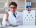The doctor optician with letter chart conducting an eye test che