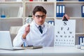 The doctor optician with letter chart conducting an eye test check Royalty Free Stock Photo