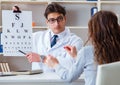 Doctor optician with letter chart conducting an eye test check Royalty Free Stock Photo